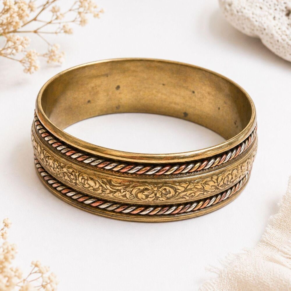 Vintage Boho Inspired Wide Floral Embossed Brass and Copper Bangle Bracelet